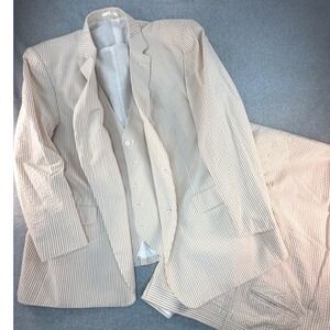 Royal Diamond Mens 3 Piece Seersucker Suit Tan White Stripe 52R Blazer Vest Pant